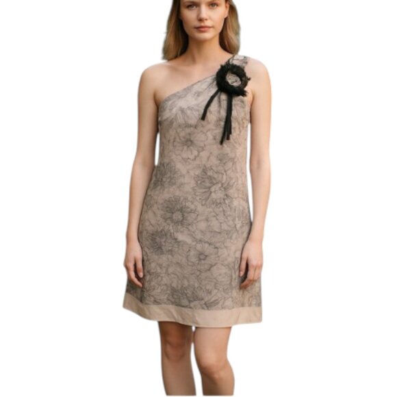 NEW Jay Godfrey Size 0 100% Silk Beige and Black Lace Dress with Black Brooch - Picture 1 of 14
